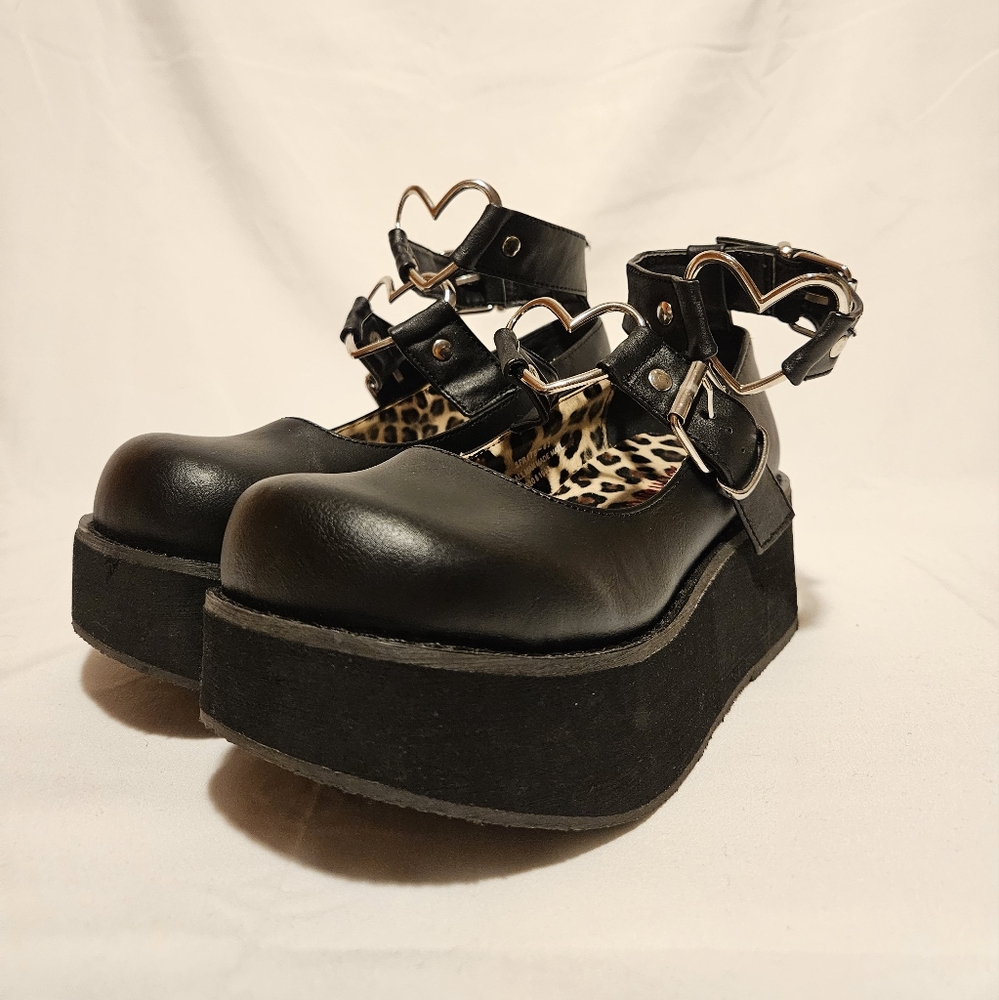 Demonia Black Heart Platform Mary Janes Shoes